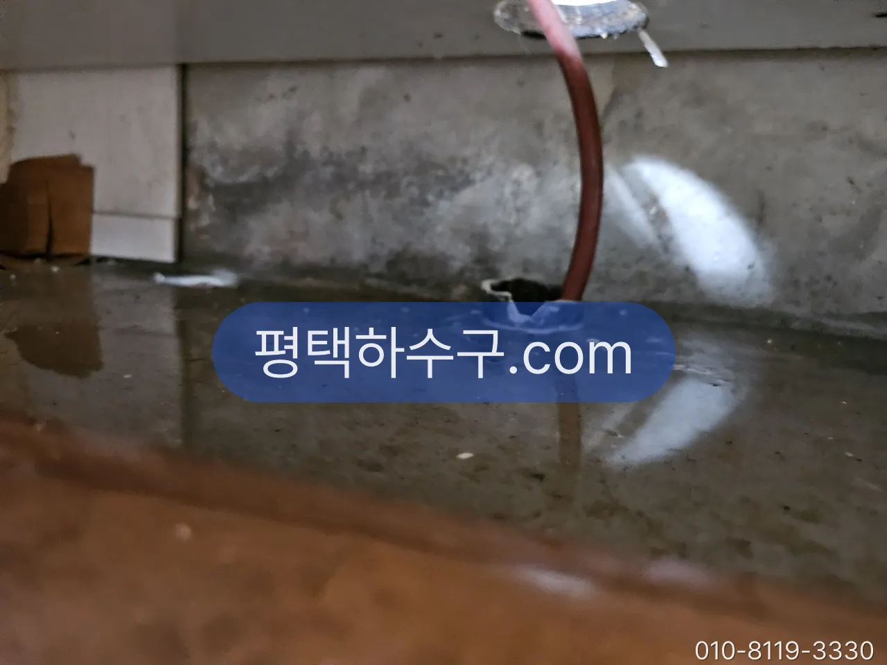 하수구 역류 현장 — 역류로 바닥에 고인 물 — 막힌 구간을 찾은 뒤 처리