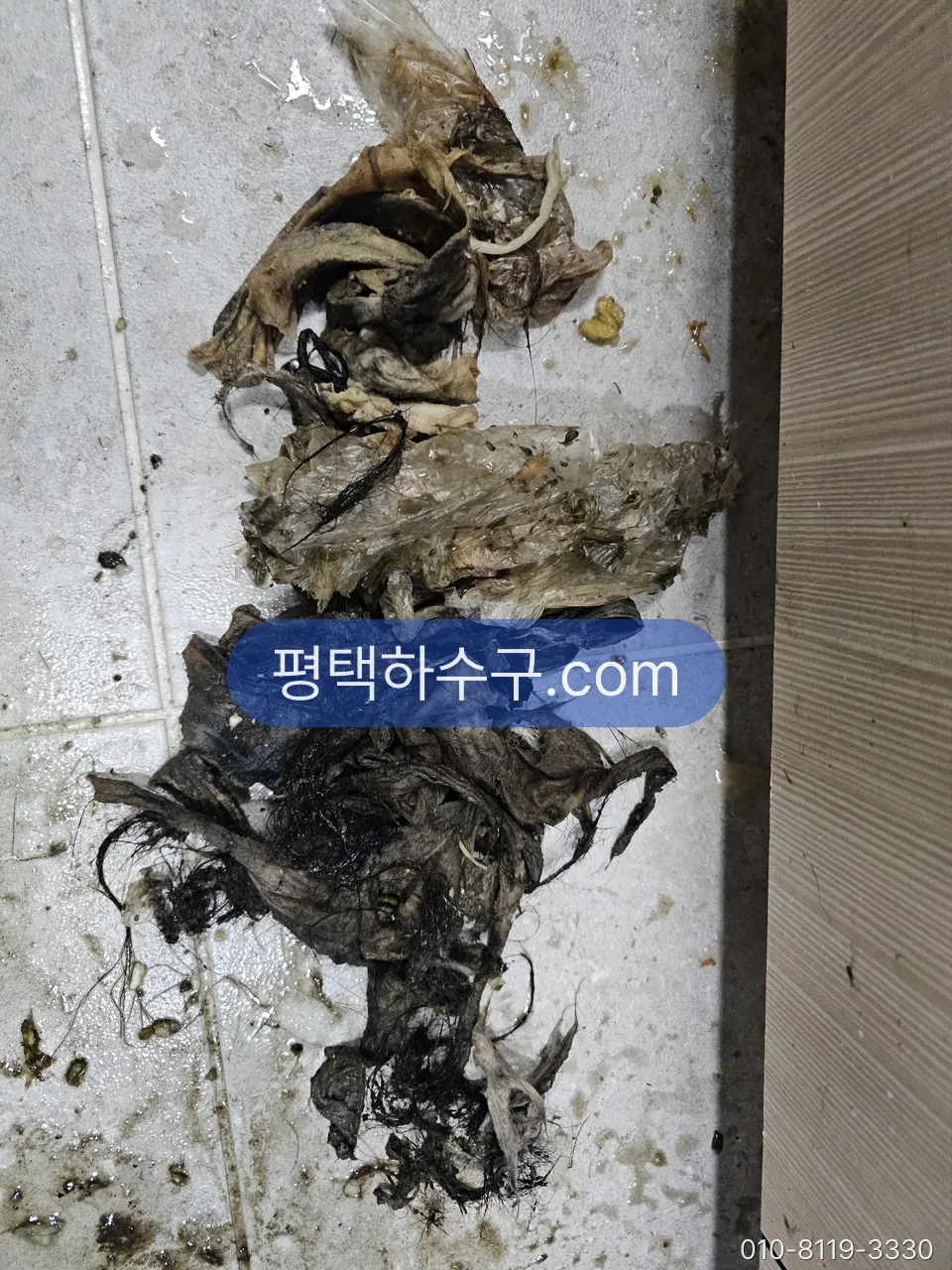 하수구 막힘 현장 — 바닥 배수구에서 걷어낸 머리카락·이물 뭉치