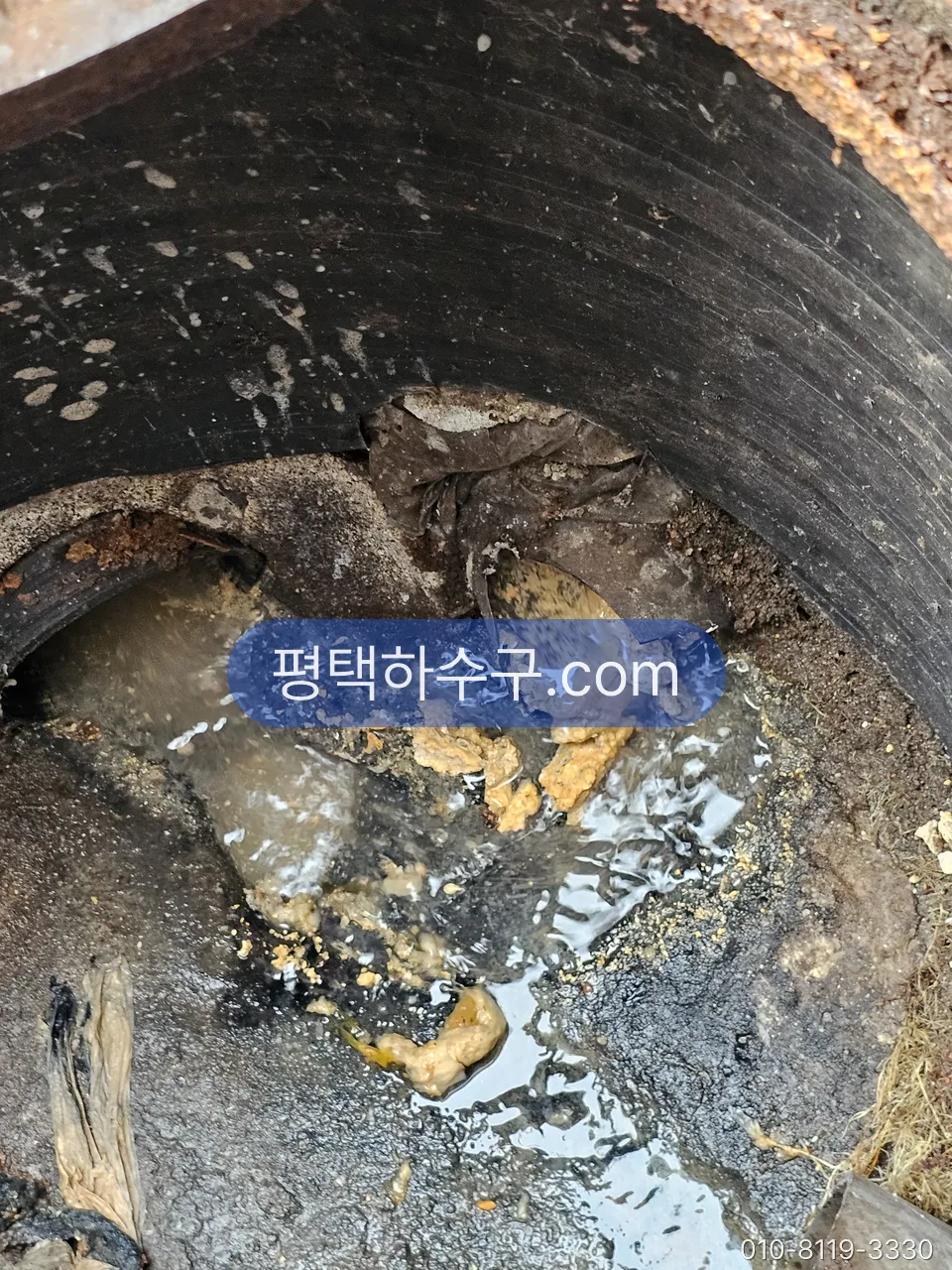 그리스트랩 청소 현장 — 그리스트랩 내부 — 굳은 기름 덩어리가 떠 있는 상태