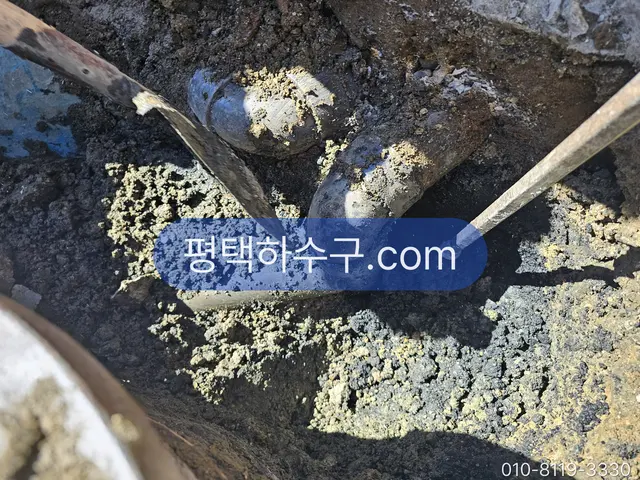 평택하수구 현장 기록 — 마당 굴착 — 파손된 연결관 주변에 오수가 고인 상태